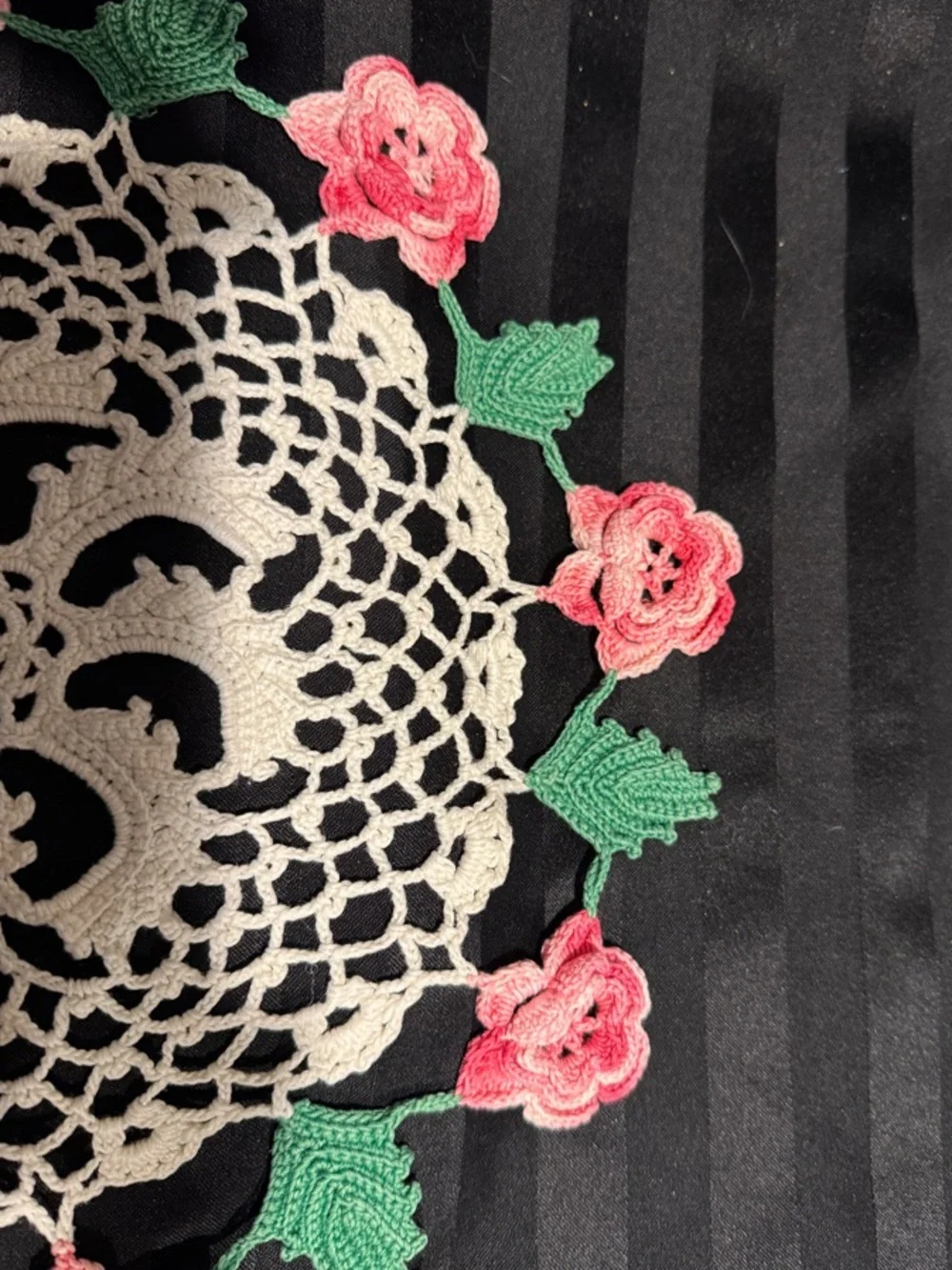 Handmade Irish Rose Crochet Doily with Multi-toned Pink Roses and Greenery